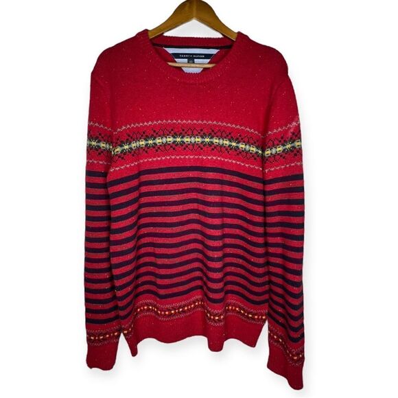 Tommy Hilfiger Red Navy Stripe Fair Isle Pullover Sweater Cotton Wool Size Large - Picture 2 of 9